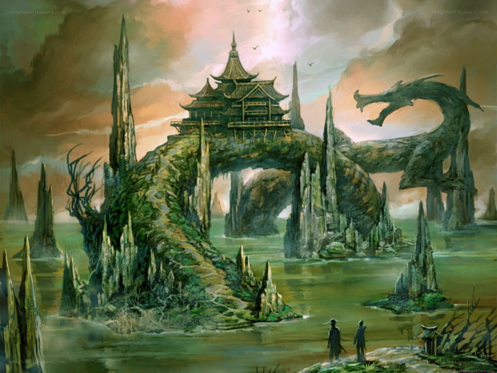 Dragon-shaped island with temple