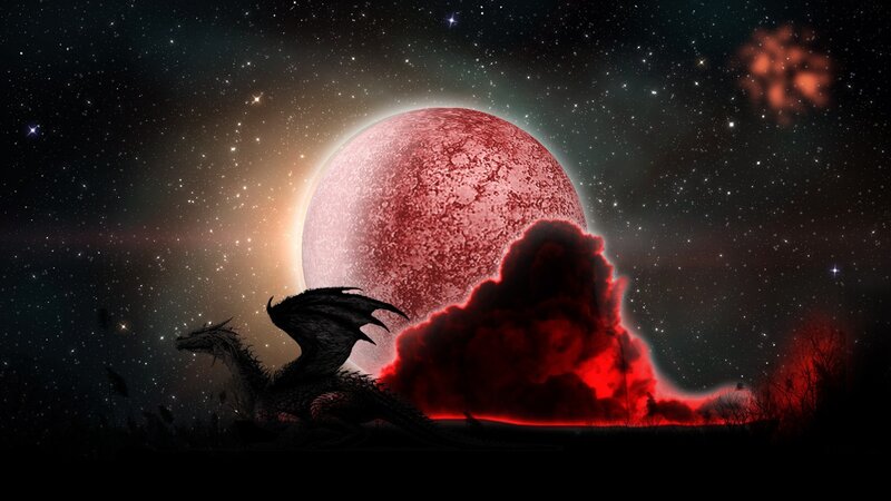 Dragon Silhouette — Black, Dramatic, Night, Digital Art, Red Planet