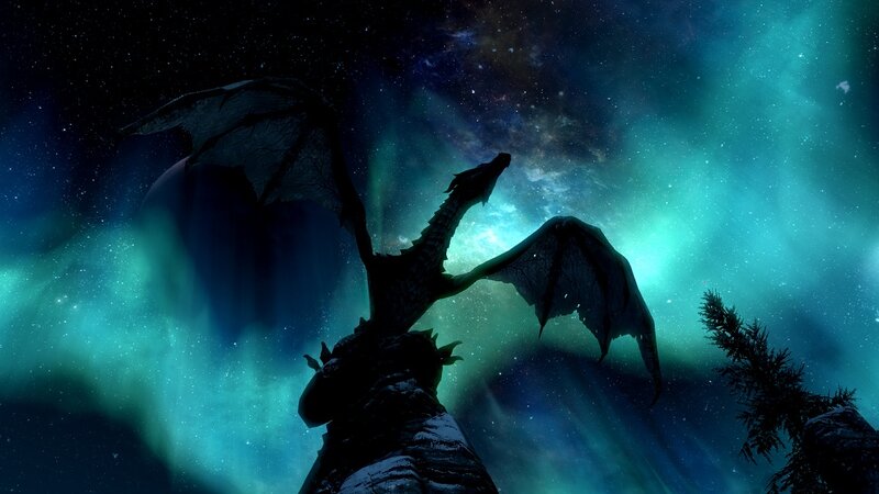 dragon silhouetted against aurora
