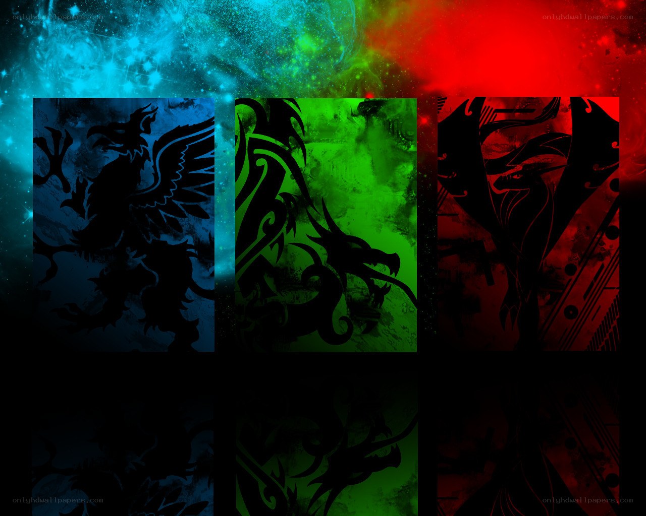dragon silhouettes on colorful backgrounds