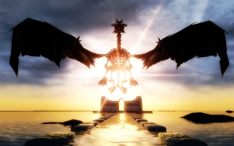dragon skeleton at sunset