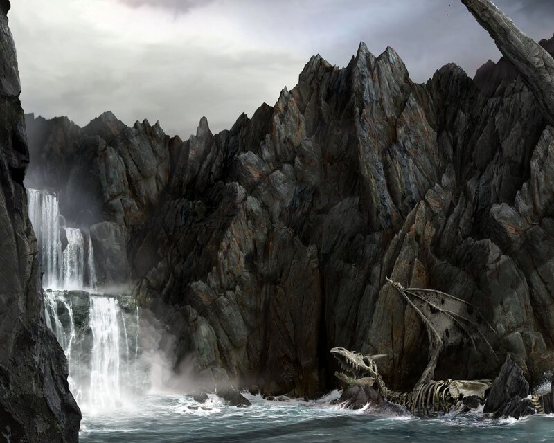 dragon skeleton by waterfall