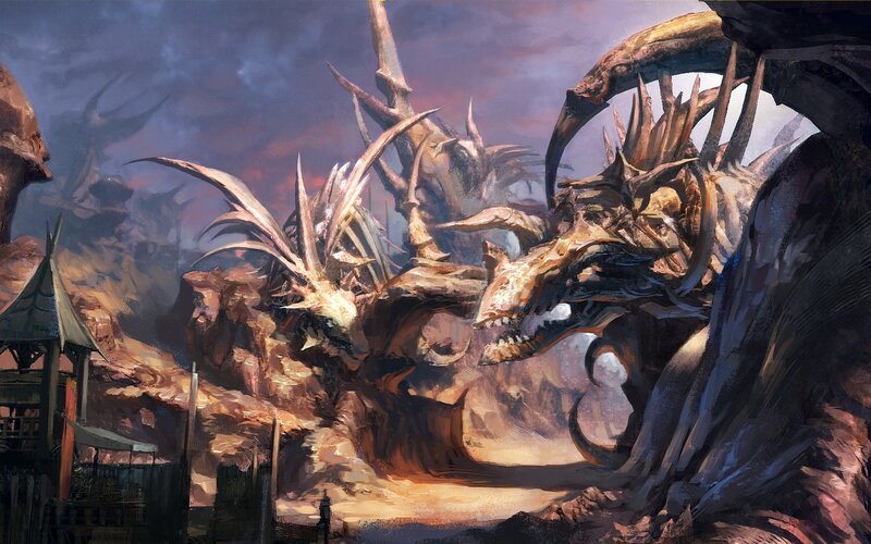 dragon skeleton in a desolate landscape