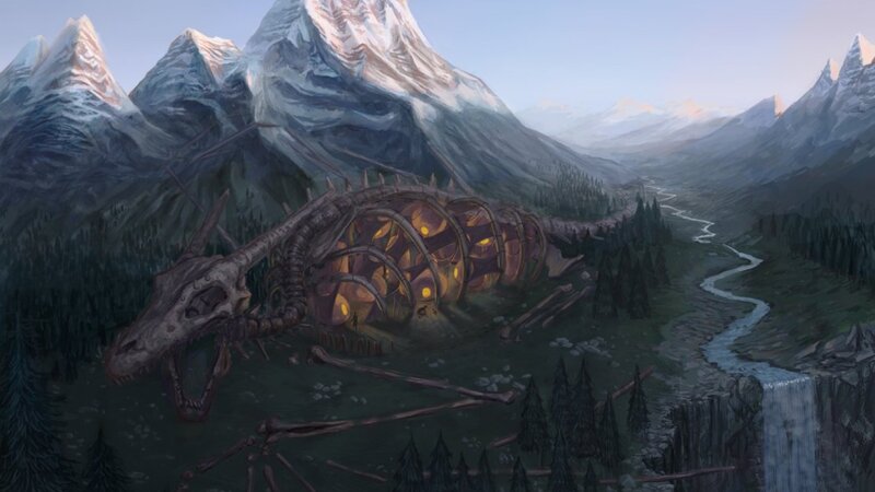 dragon skeleton in mountain valley