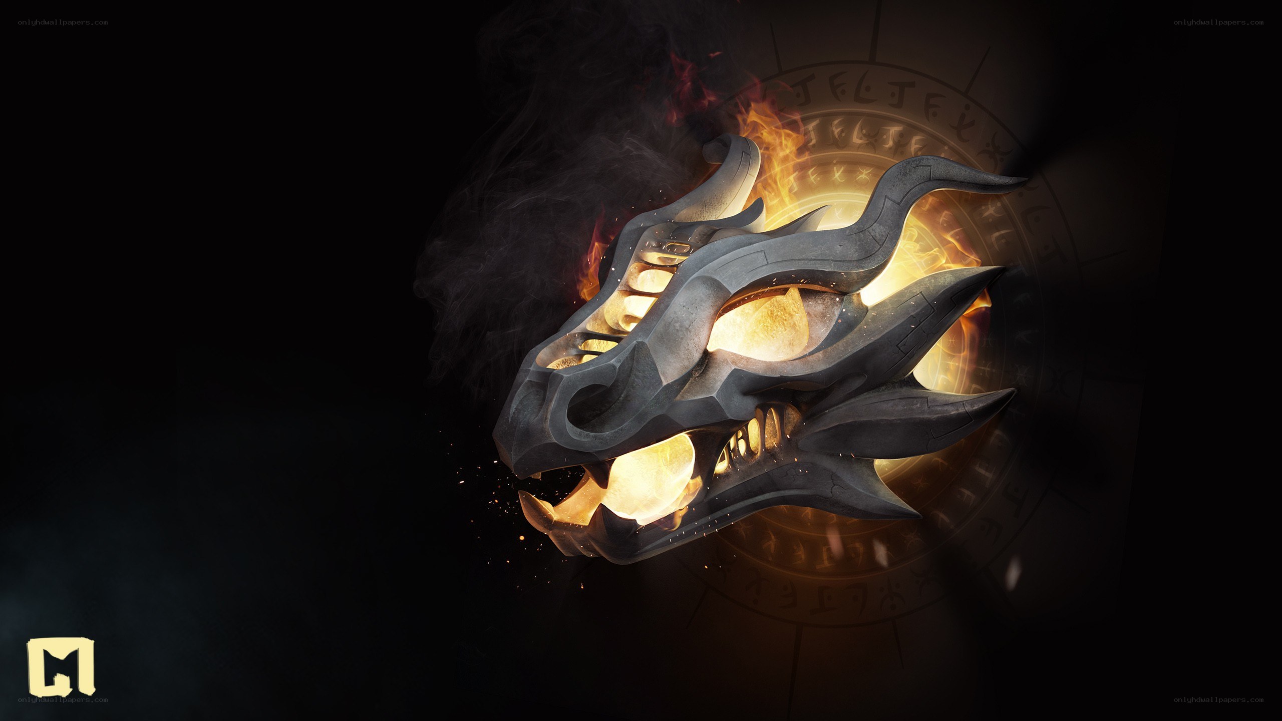 dragon skull with fire and runes
