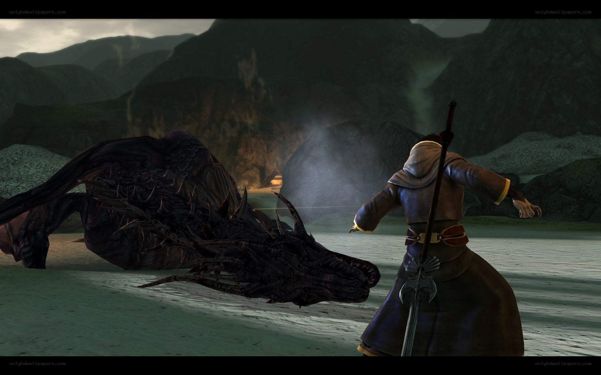dragon slayer in a mountain pass
