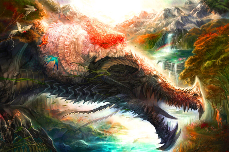 Dragon Sleeping in Forest — Green, Dramatic