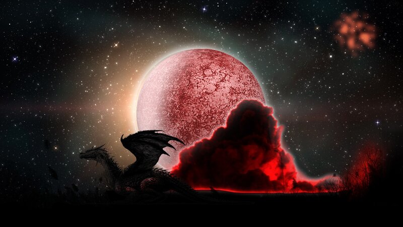 Dragon under red moon