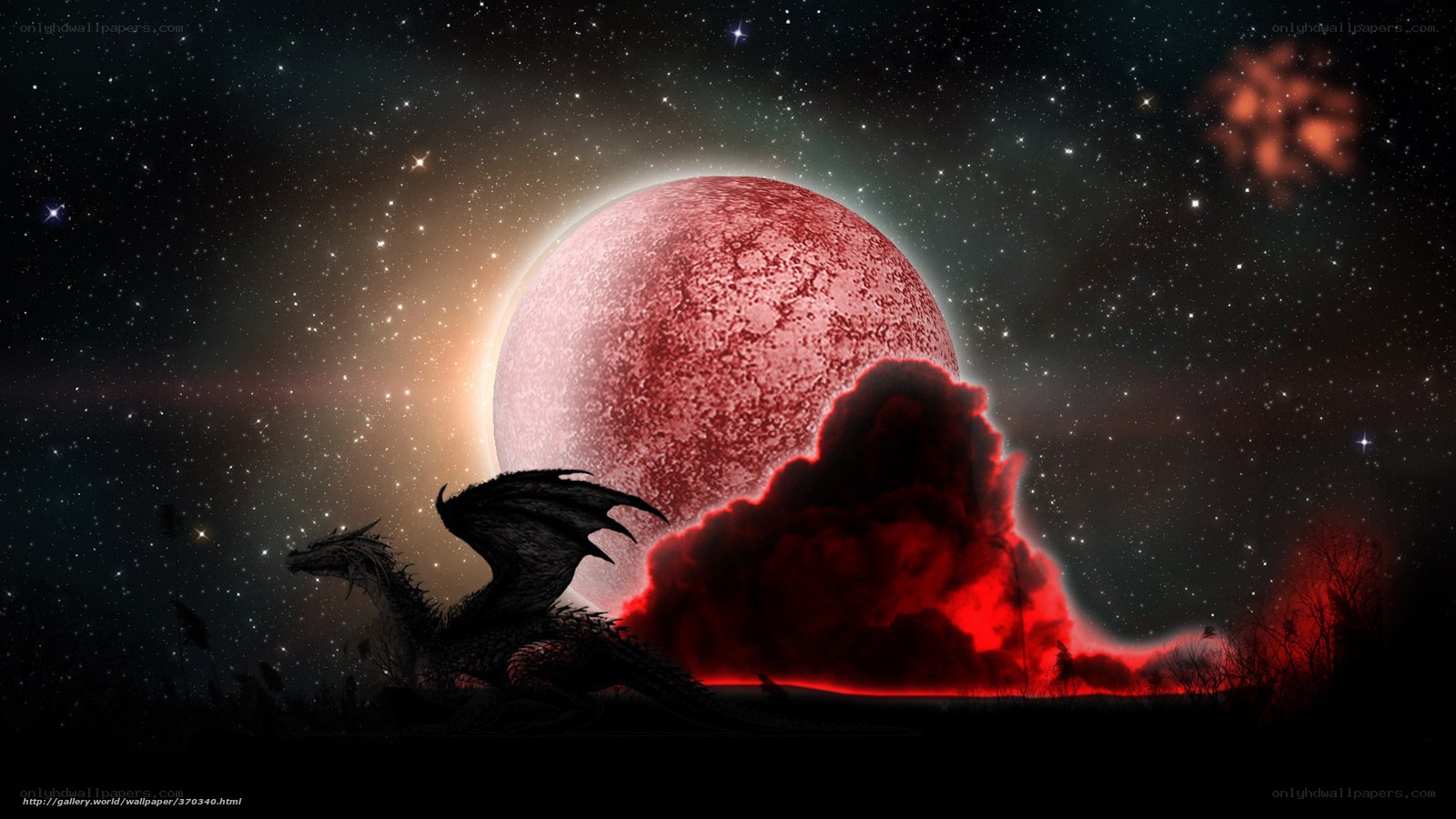 Dragon under red moon