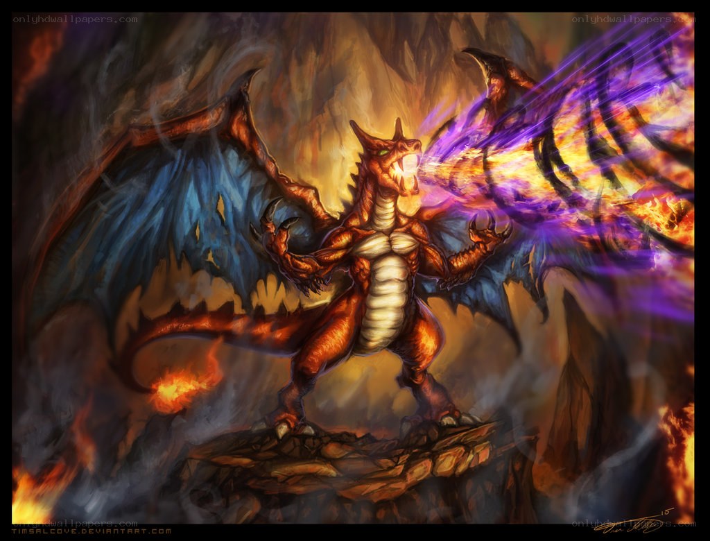 dragon unleashing purple fire