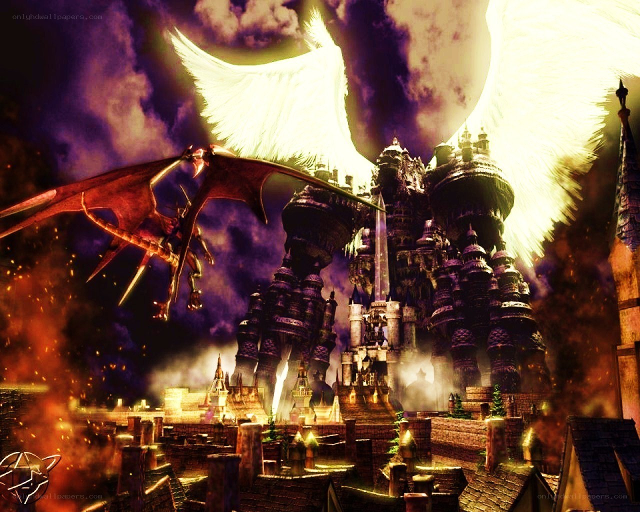 dragon vs angel over castle