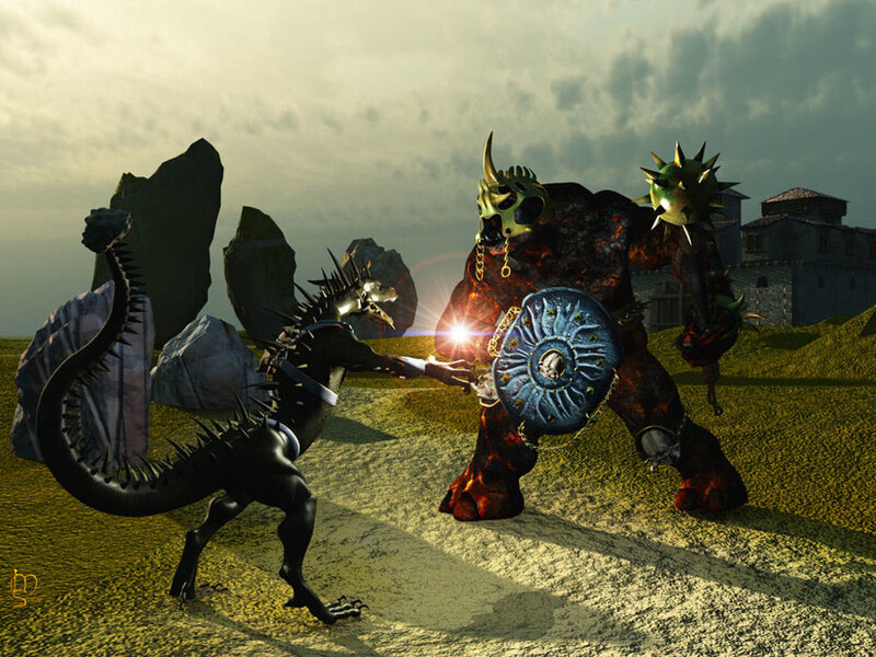 dragon vs. armored warrior