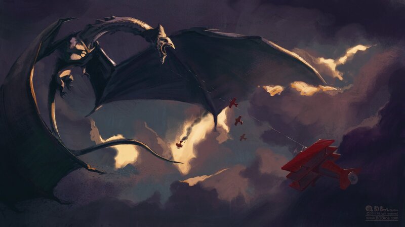 dragon vs biplanes in storm