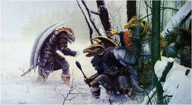 Dragon warriors in snowy forest