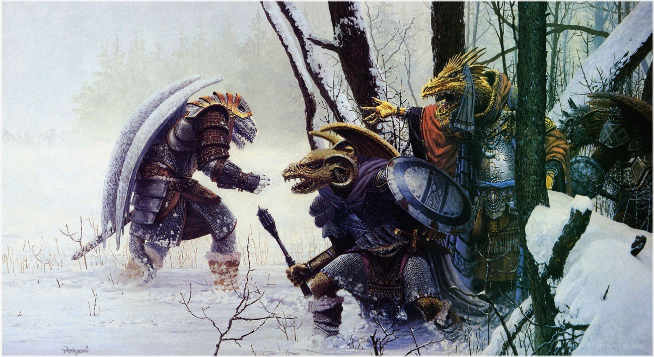Dragon warriors in snowy forest