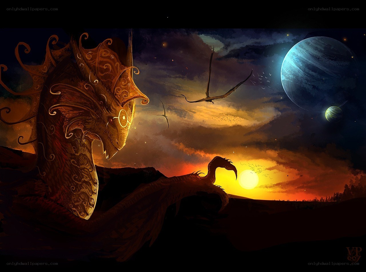 dragon watching a sunset