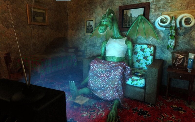 dragon watching TV in living room