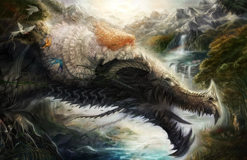 Dragon with a woman in nature