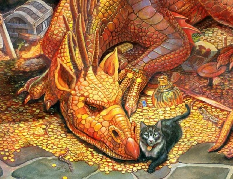 dragon with cat on treasure