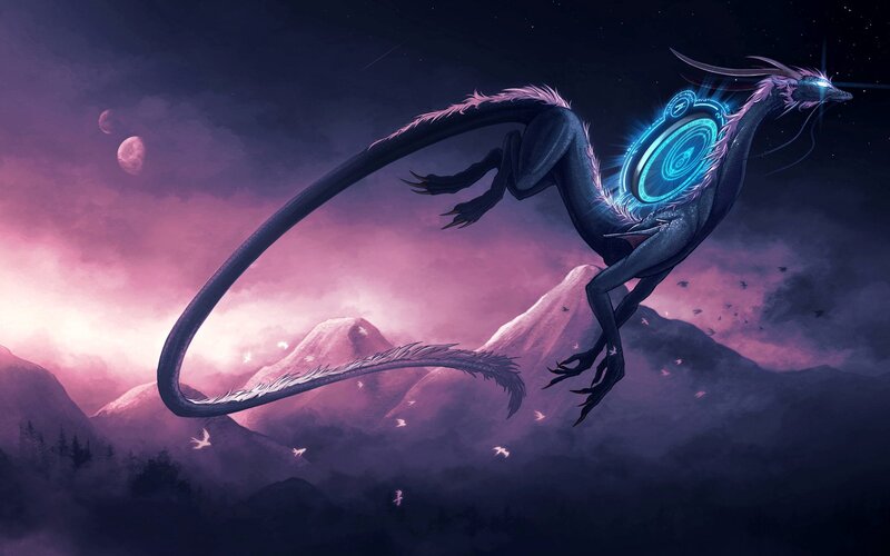 Dragon with Glowing Core — Purple, Dramatic, Night, Digital Art, Mountains