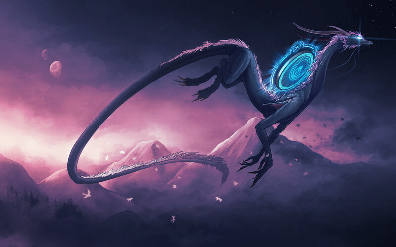 Dragon with Glowing Core — Purple, Dramatic, Night