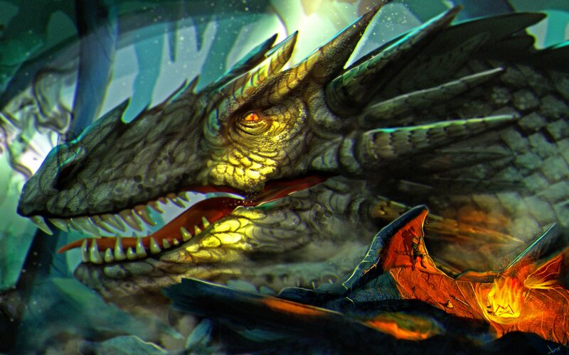 Dragon with Glowing Eyes — Green, Dramatic, Digital Art