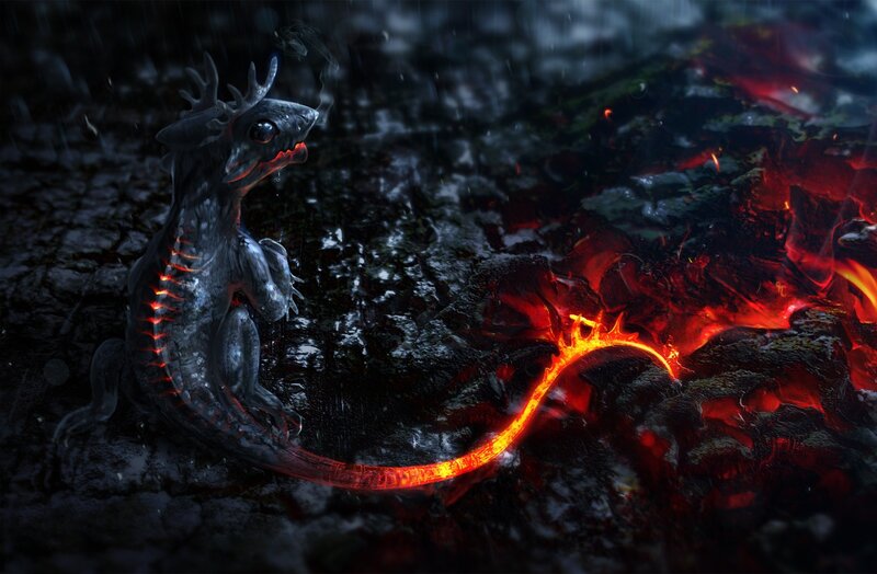 Dragon with Glowing Tail — Black, Dramatic, Night, Digital Art, Lava, Rain, Rock, Red, Orange