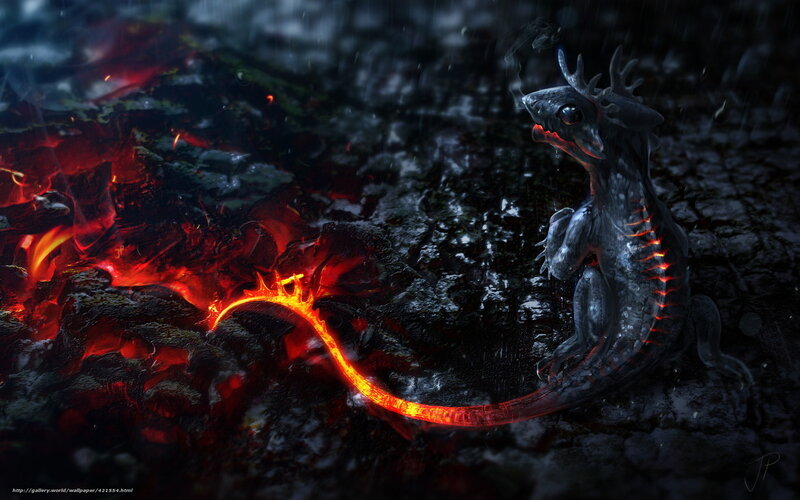 Dragon with Glowing Tail — Black, Dramatic, Night, Digital Art, Lava, Rain