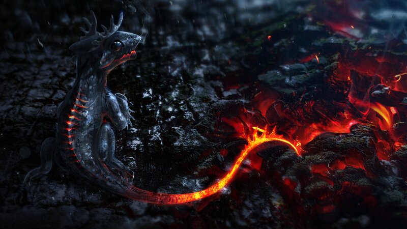 Dragon with Glowing Tail — Black, Dramatic, Night, Digital Art, Lava
