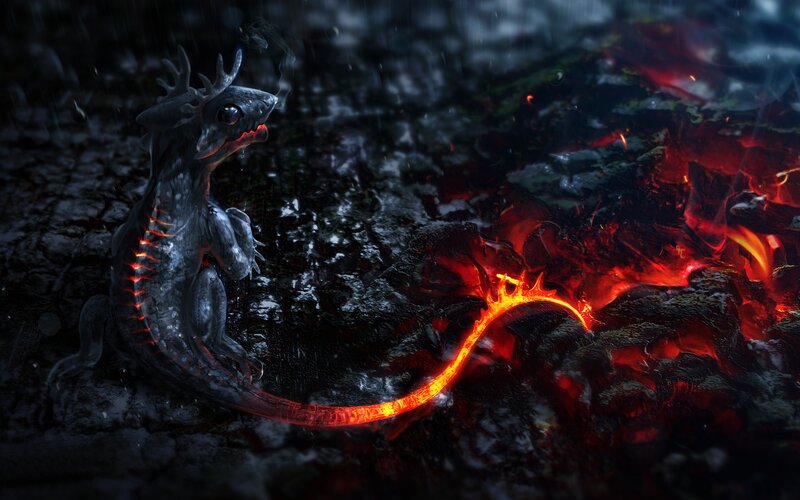 Dragon with Glowing Tail — Black, Dramatic, Night, Digital Art