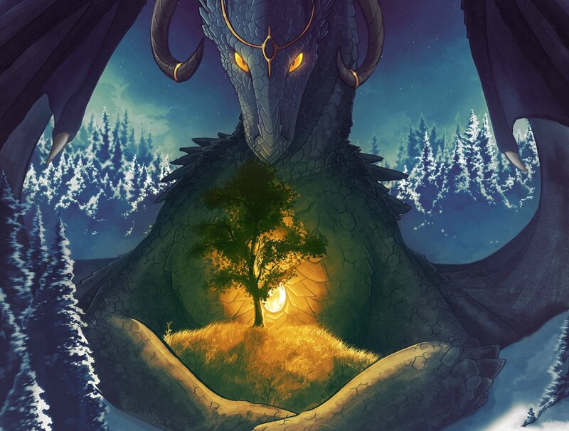 dragon with glowing tree