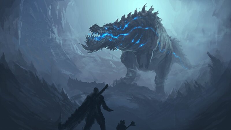 Dragon with Lightning — Blue, Dramatic, Digital Art