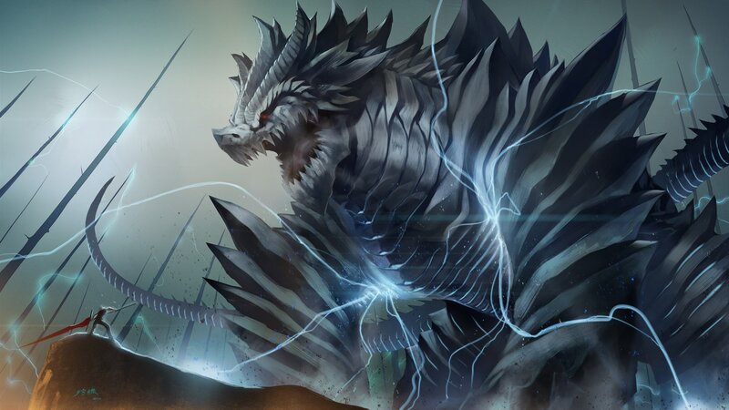 Dragon with Lightning — Gray, Dramatic