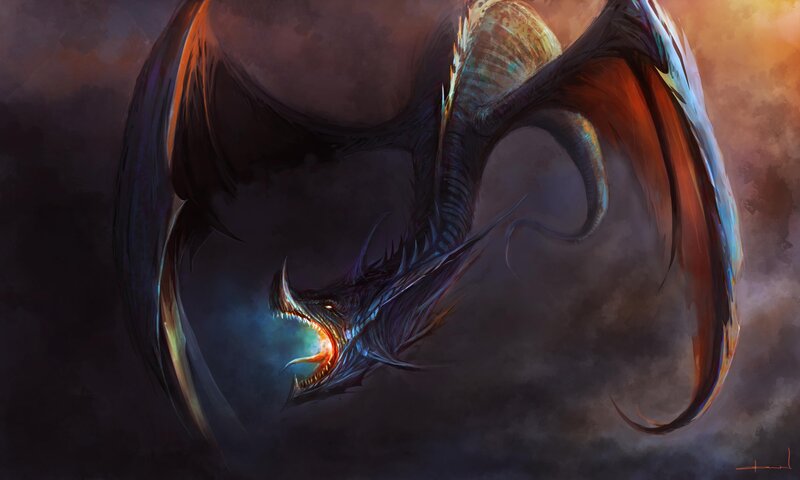 Dragon with Open Mouth — Black, Dramatic, Night, Digital Art