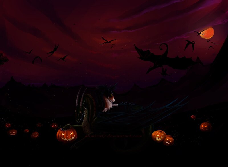Dragon with pumpkins at night