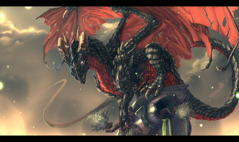 Dragon with Red Wings — Dramatic, Sunset, Digital Art
