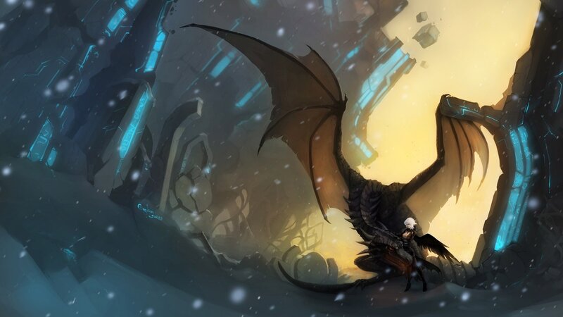 Dragon with Rider — Blue, Dramatic, Winter