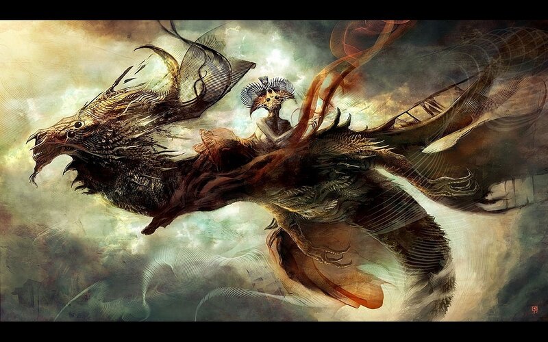 Dragon with Rider — Brown, Dramatic, Digital Art, Clouds