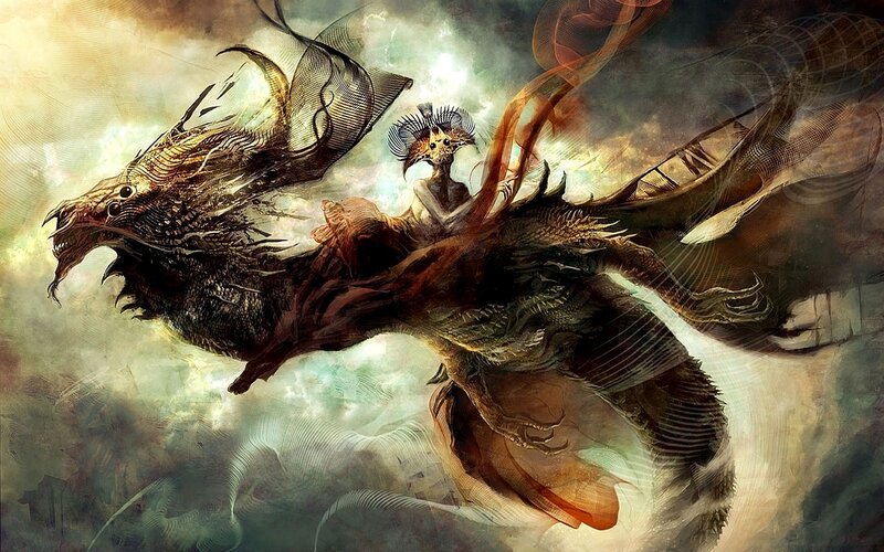 Dragon with Rider — Brown, Dramatic, Digital Art, Clouds, Wings