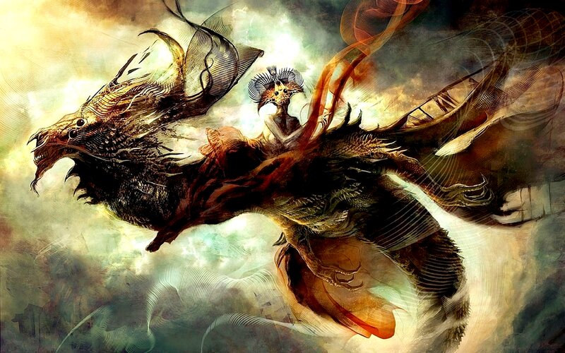 Dragon with Rider — Brown, Dramatic, Digital Art