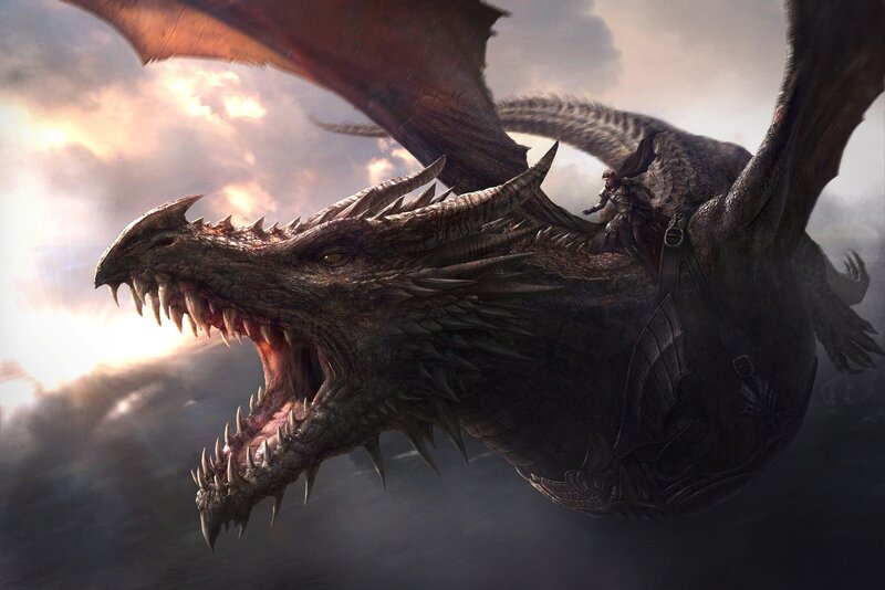 Dragon with Rider — Gray, Dramatic, Sunset