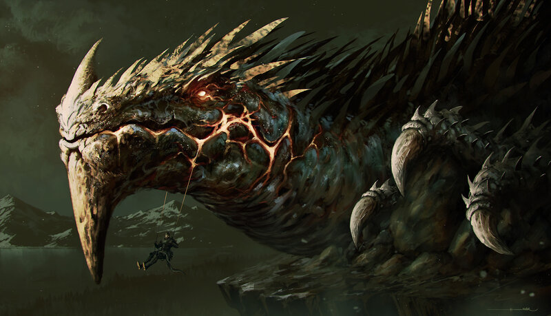 Dragon with Rider — Green, Dramatic, Night