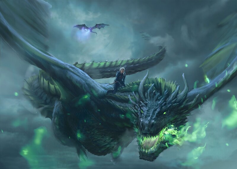 Dragon with Rider — Green, Dramatic