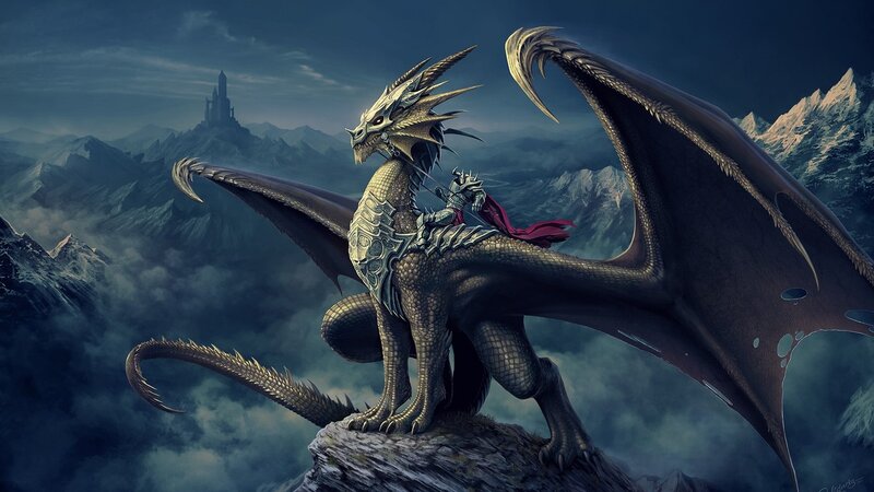 Dragon with Rider on Cliff — Gray