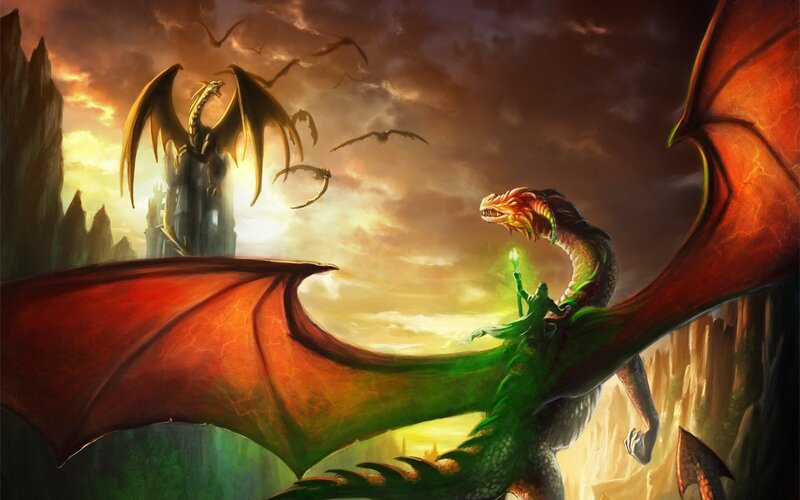 Dragon with Rider — Red, Dramatic, Sunset