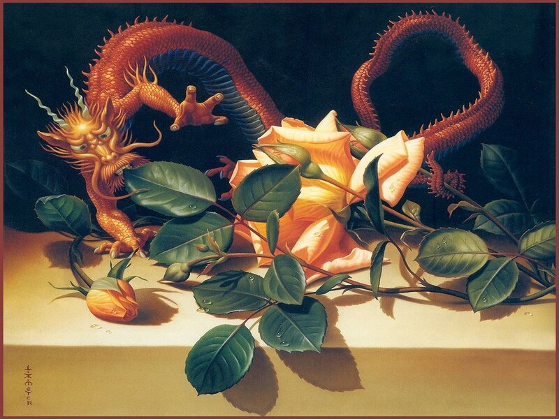 Dragon with roses still life