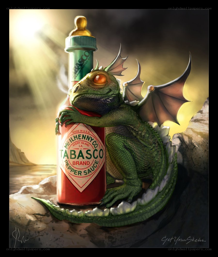 dragon with tabasco bottle