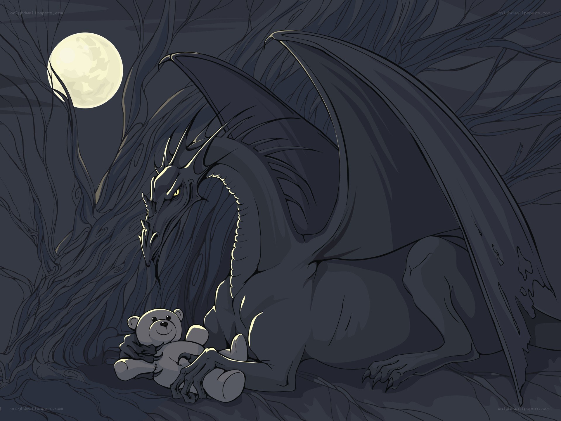 Dragon with teddy bear at night