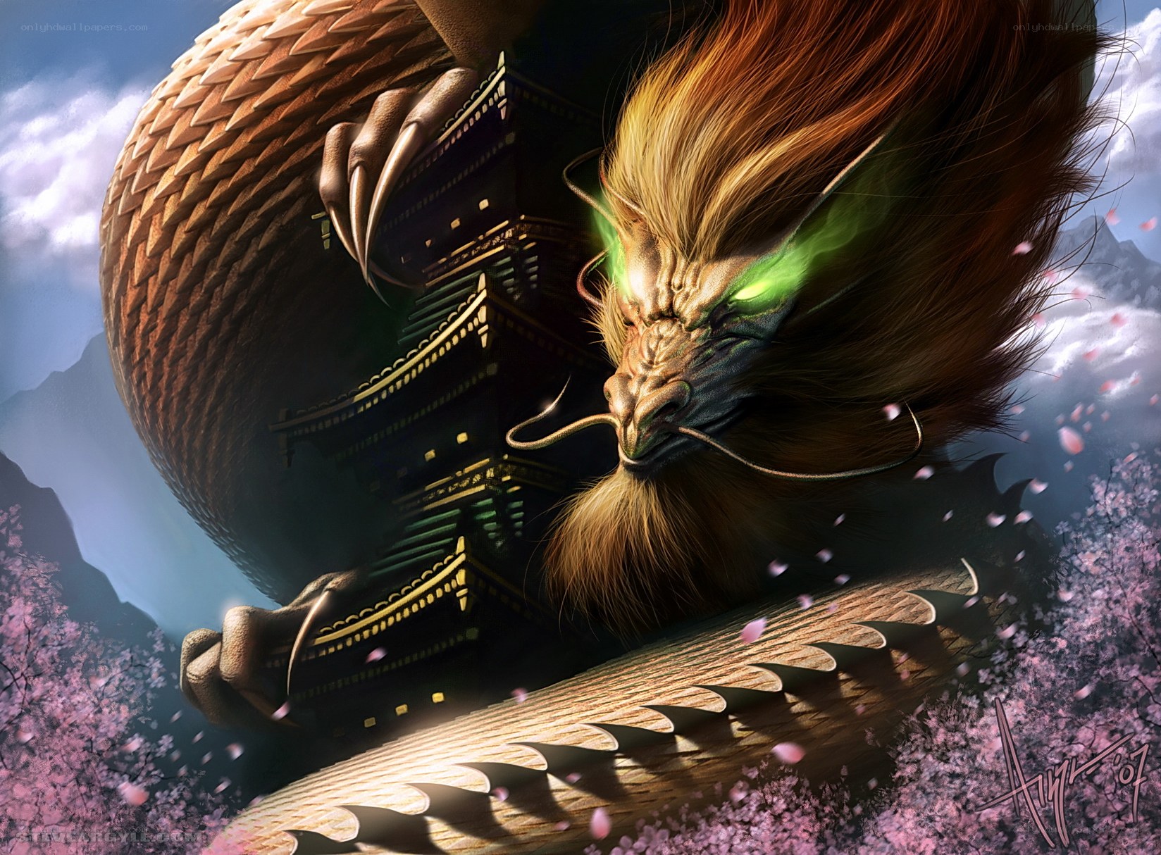 dragon with temple and cherry blossoms