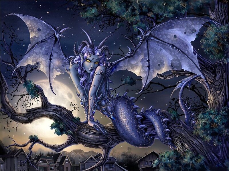 Dragon Woman on Tree Branch — Purple, Dramatic